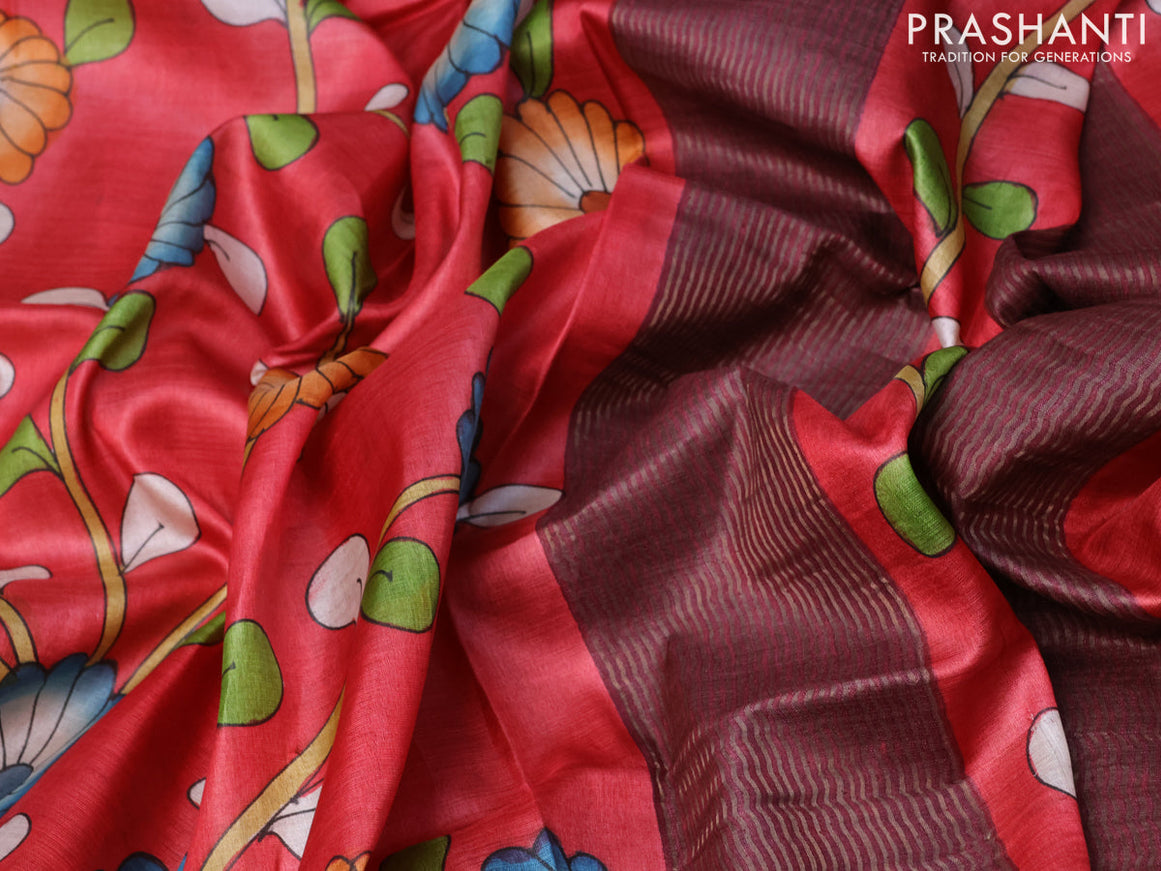 Pure tussar silk saree red and wine shade with floral kalamkari hand painted prints and zari woven border