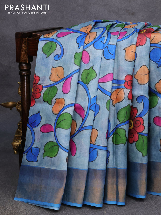 Pure tussar silk saree pastel blue and blue pink with kalamkari hand painted prints and zari woven border
