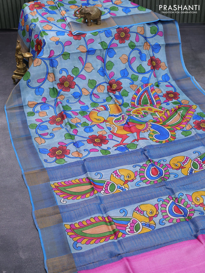 Pure tussar silk saree pastel blue and blue pink with kalamkari hand painted prints and zari woven border