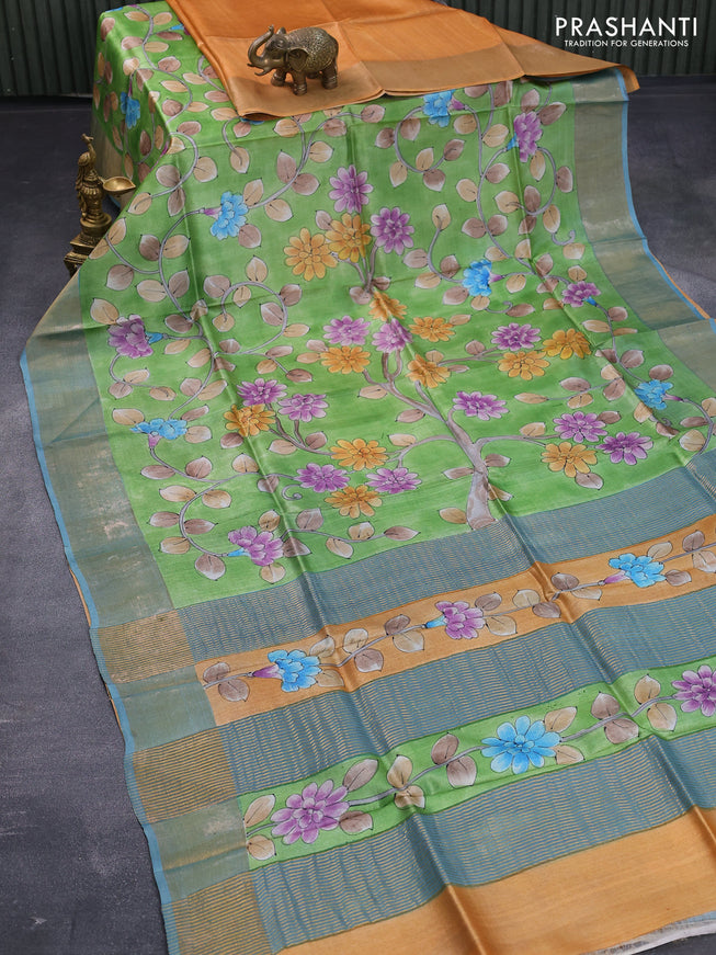 Pure tussar silk saree green and pastel blue with floral hand painted prints and zari woven border