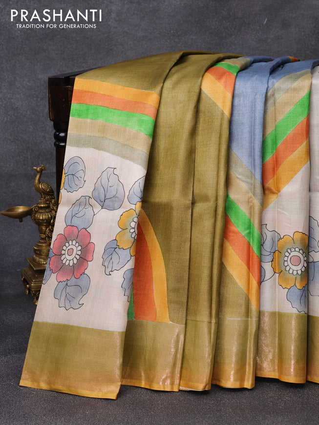Pure tussar silk saree off white and mustard yellow with floral butta hand painted prints and zari woven border