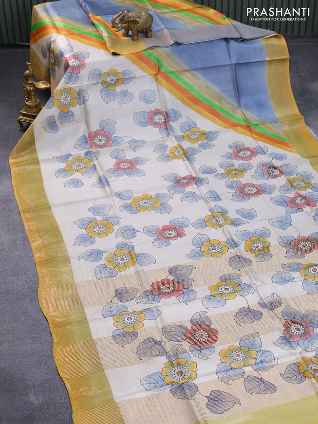 Pure tussar silk saree off white and mustard yellow with floral butta hand painted prints and zari woven border
