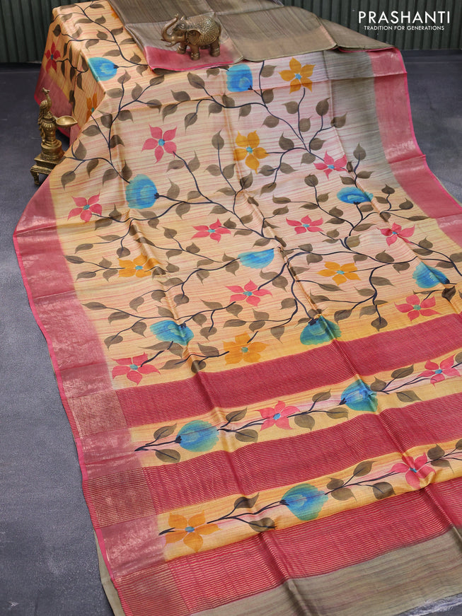 Pure tussar silk saree sandal and pink with floral hand painted prints and zari woven border