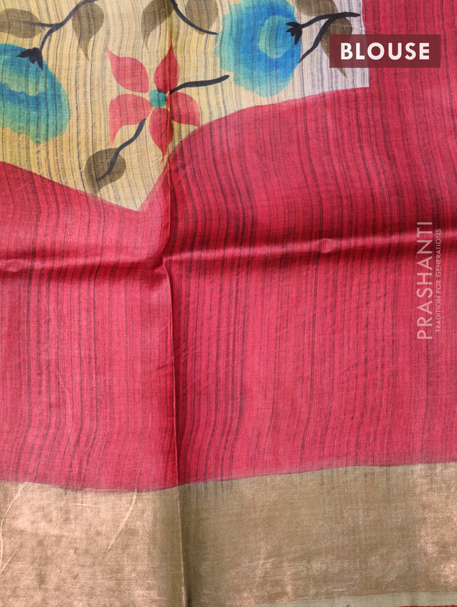 Pure tussar silk saree sandal and pink with floral hand painted prints and zari woven border