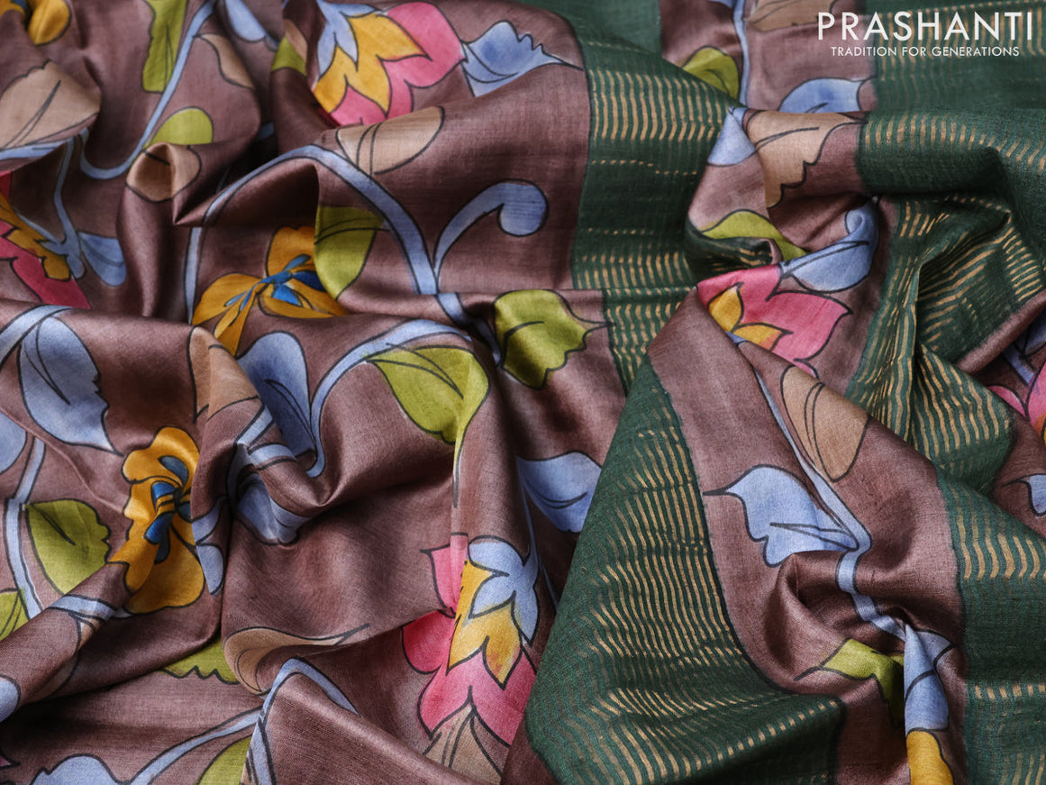 Pure tussar silk saree brown and green shade with floral hand painted prints and zari woven border