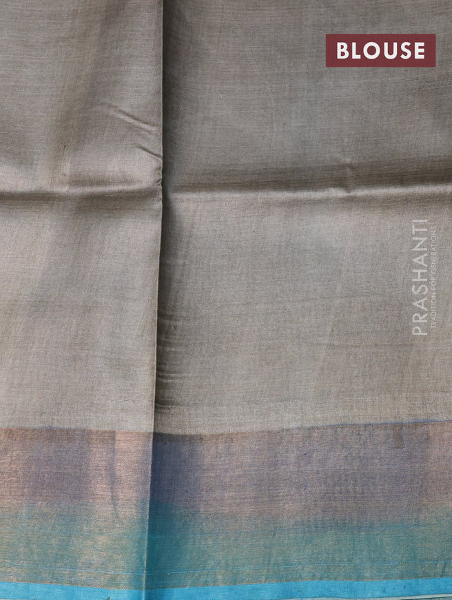 Pure tussar silk saree off white and grey blue with floral hand painted prints and zari woven border
