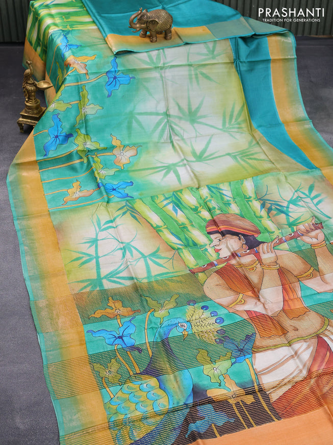 Pure tussar silk saree teal green and multi colour with hand painted prints and zari woven border
