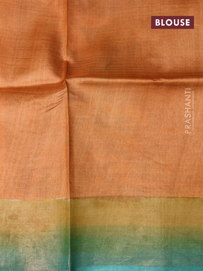 Pure tussar silk saree teal green and multi colour with hand painted prints and zari woven border