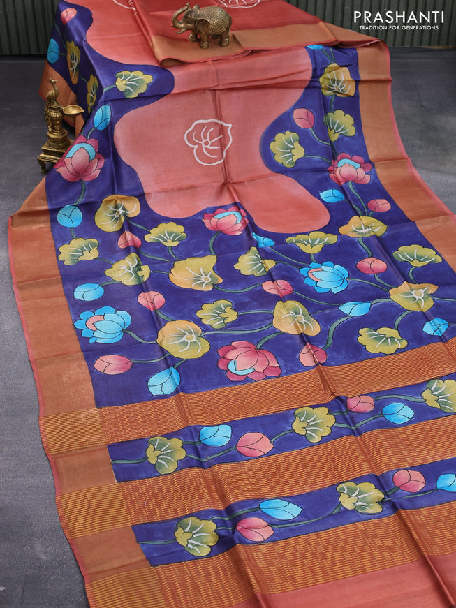 Pure tussar silk saree dark blue and rust shade with hand painted prints and zari woven border