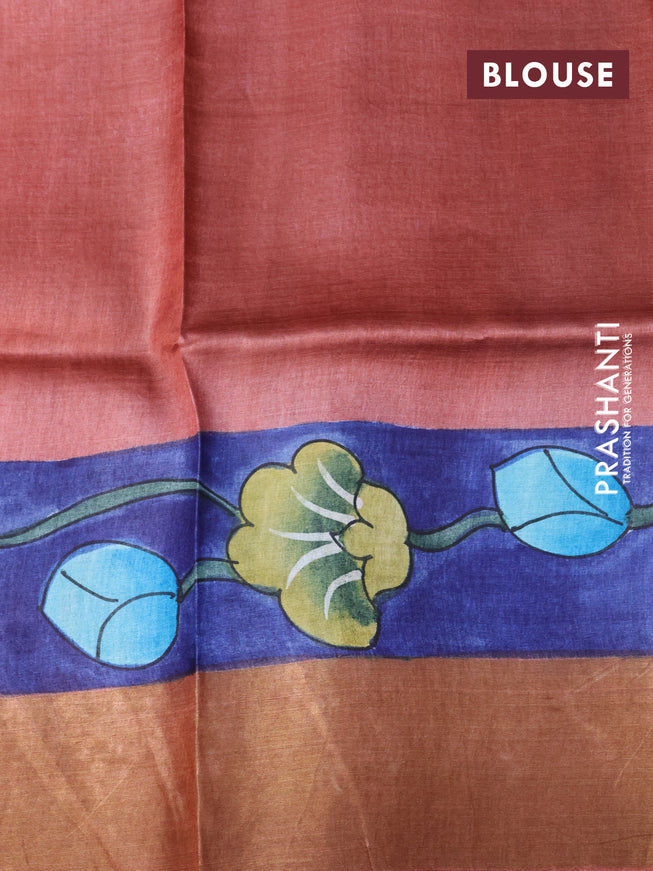 Pure tussar silk saree dark blue and rust shade with hand painted prints and zari woven border