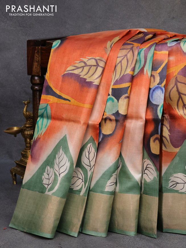 Pure tussar silk saree orange and pastel green grey with hand painted prints and zari woven border