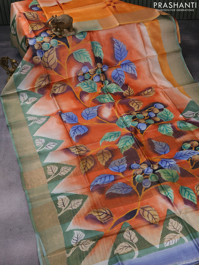 Pure tussar silk saree orange and pastel green grey with hand painted prints and zari woven border