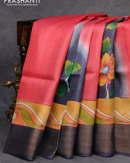 Pure tussar silk saree pink shade and grey with hand painted prints and zari woven border