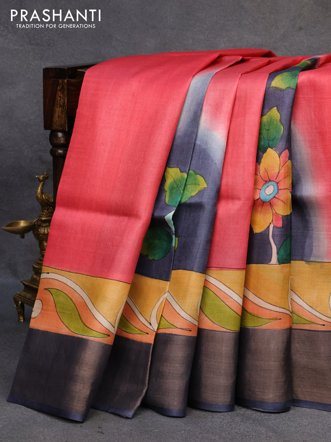 Pure tussar silk saree pink shade and grey with hand painted prints and zari woven border
