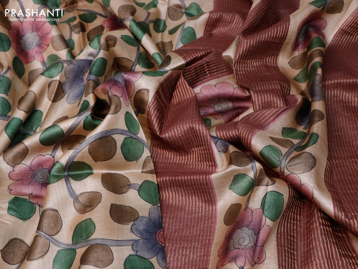 Pure tussar silk saree pastel brown and wine shade with floral kalamkari hand painted prints and zari woven border