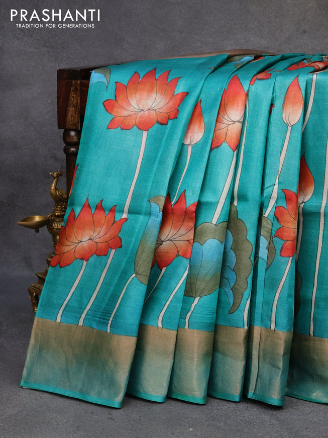 Pure tussar silk saree teal blue and beige with hand painted prints and zari woven border