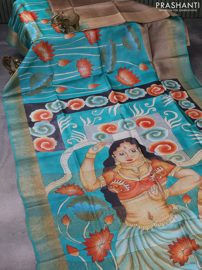 Pure tussar silk saree teal blue and beige with hand painted prints and zari woven border