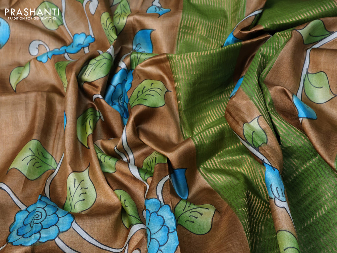 Pure tussar silk saree brown and green teal blue with allover floral kalamkari hand painted prints and zari woven border