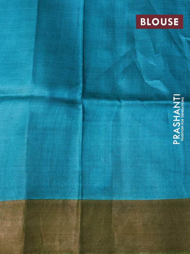 Pure tussar silk saree brown and green teal blue with allover floral kalamkari hand painted prints and zari woven border