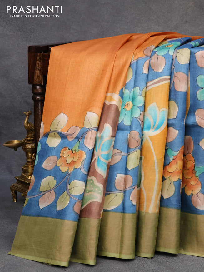 Pure tussar silk saree blue and green with allover floral kalamkari hand painted prints and zari woven border