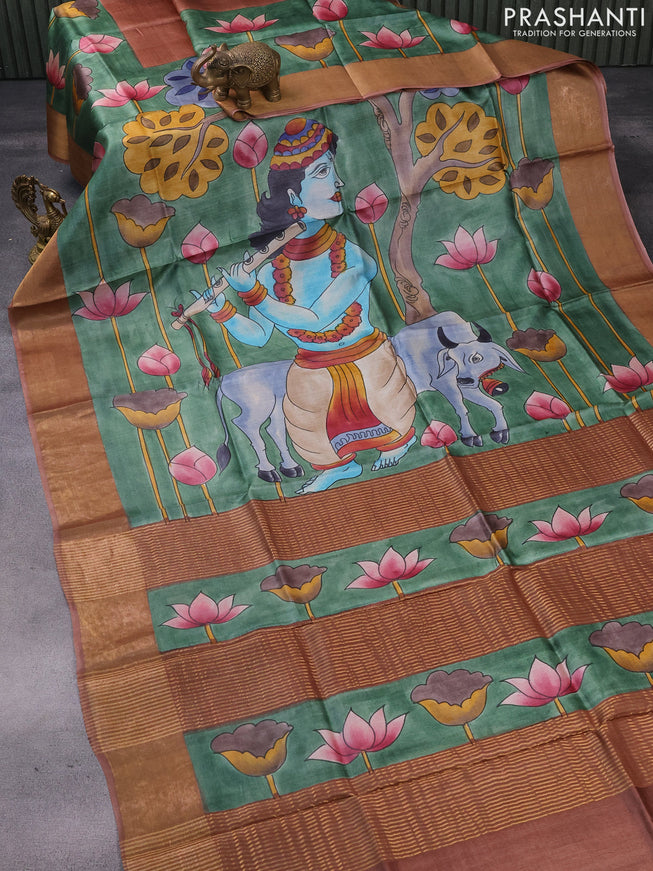 Pure tussar silk saree green and brown with allover kalamkari hand painted prints and zari woven border