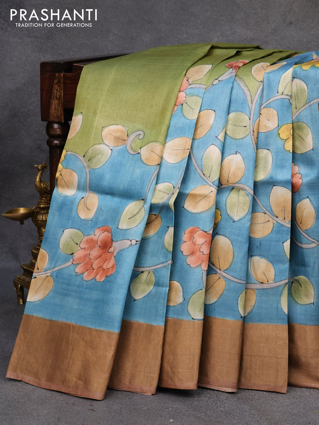 Pure tussar silk saree blue and green with floral hand painted prints and zari woven border
