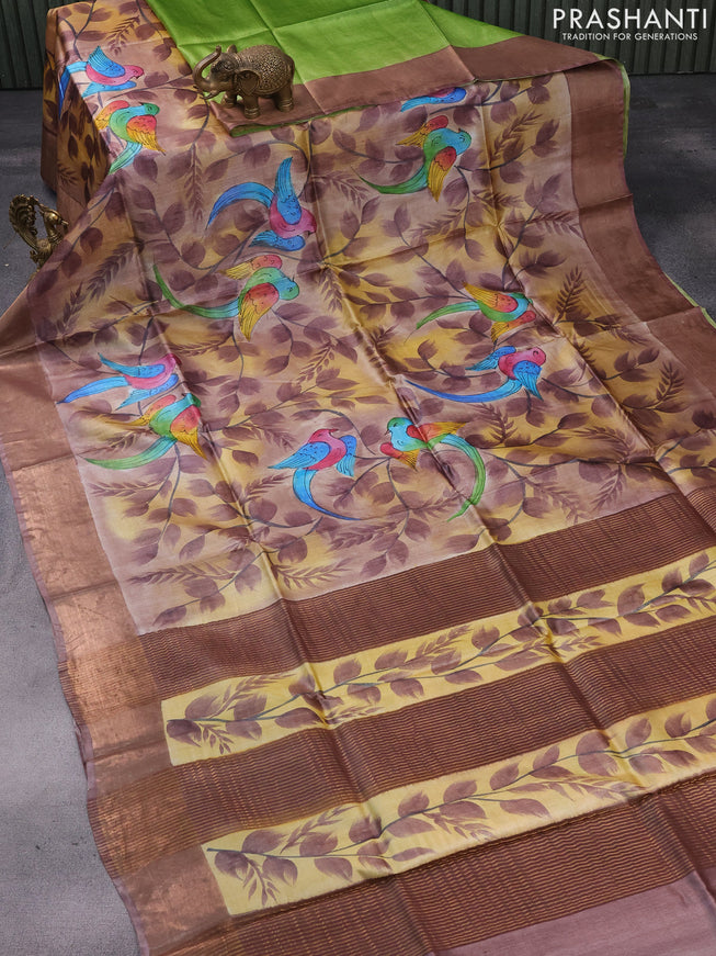 Pure tussar silk saree multi colour and pastel brown with hand painted prints and zari woven border