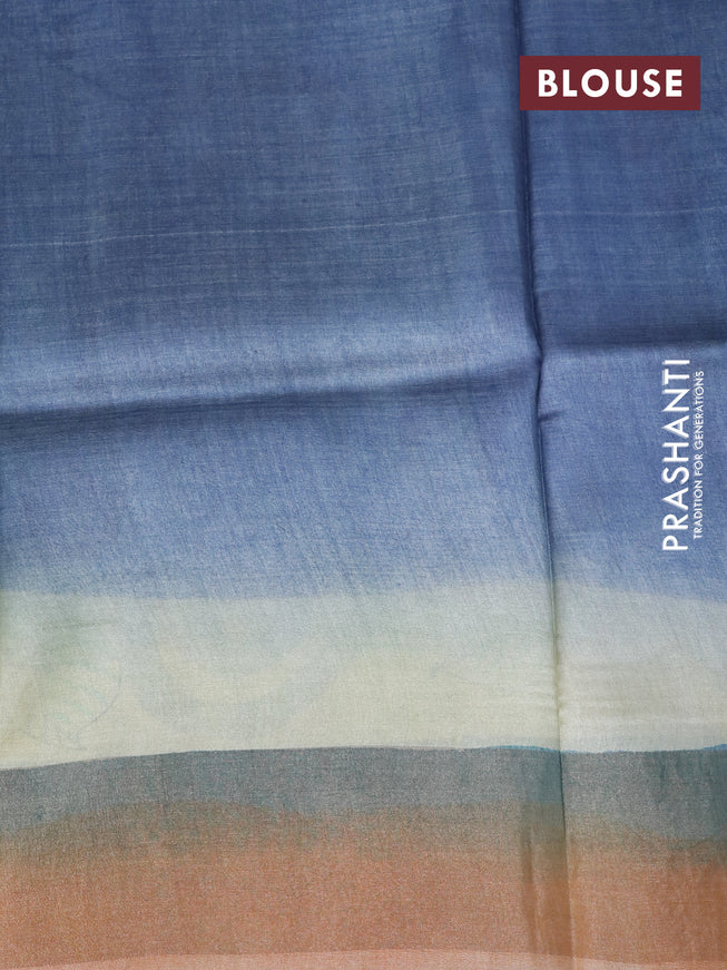 Pure tussar silk saree cream and blue rust shade with allover hand painted prints and zari woven border