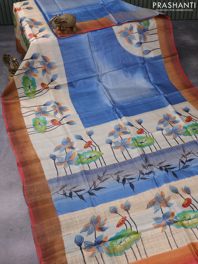 Pure tussar silk saree pastel blue and cream maroon with hand painted prints and zari woven border