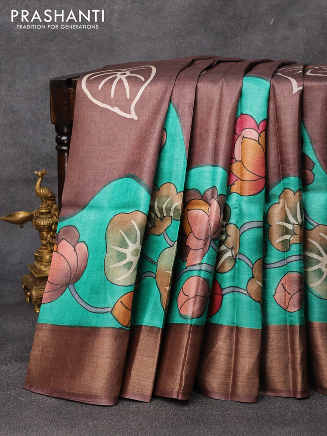 Pure tussar silk saree teal green and brown with allover floral kalamkari hand painted prints and zari woven border