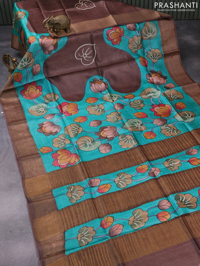 Pure tussar silk saree teal green and brown with allover floral kalamkari hand painted prints and zari woven border