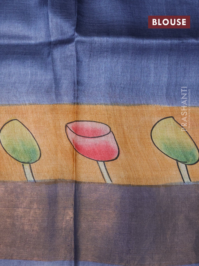 Pure tussar silk saree rust shade and blue with allover floral kalamkari hand painted prints and zari woven border