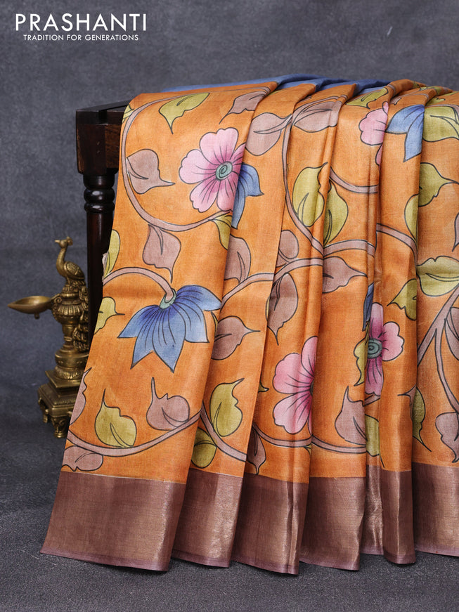 Pure tussar silk saree rust shade and brown with allover floral kalamkari hand painted prints and zari woven border