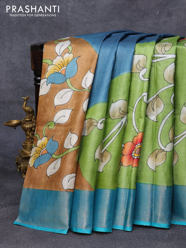 Pure tussar silk saree green brown and blue with allover floral kalamkari hand painted prints and zari woven border