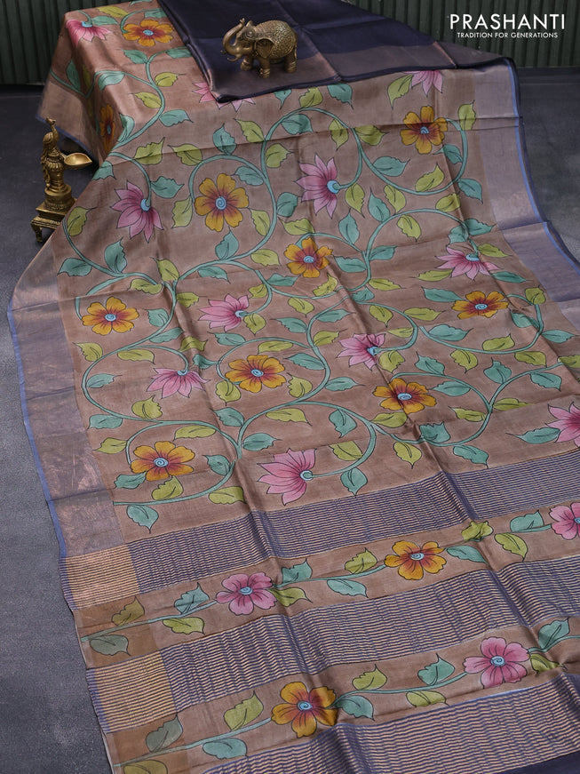 Pure tussar silk saree brown shade and blue elephant grey with half & half style and zari woven border