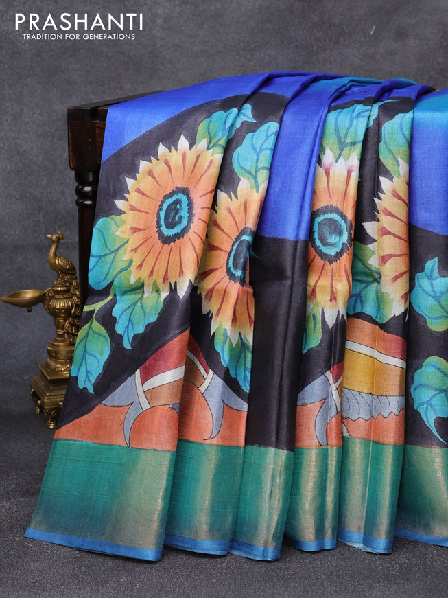 Pure tussar silk saree blue and black with hand painted prints and zari woven border