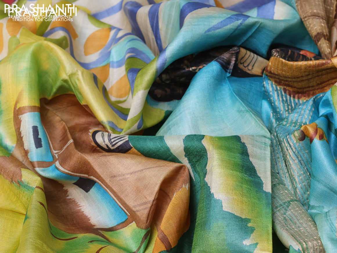 Pure tussar silk saree off white lime yellow and teal green red with hand painted prints and zari woven border