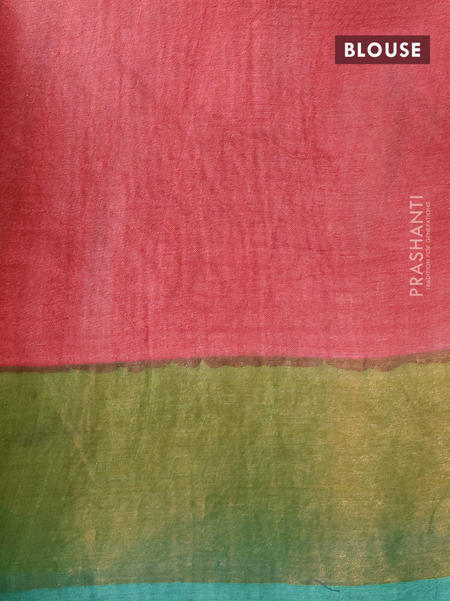 Pure tussar silk saree off white lime yellow and teal green red with hand painted prints and zari woven border