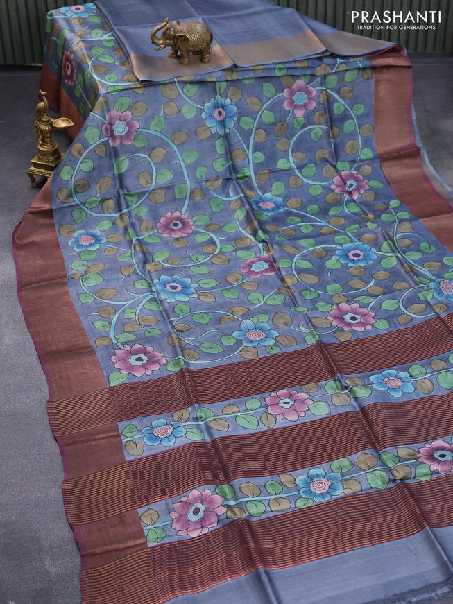 Pure tussar silk saree grey and wine shade with allover kalamkari hand painted prints and zari woven border