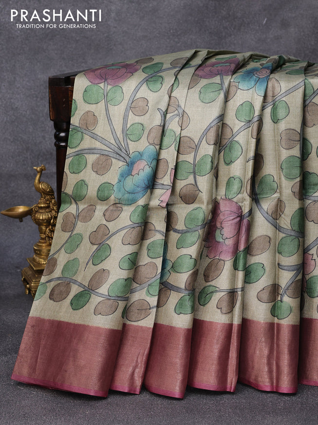 Pure tussar silk saree grey shade and maroon with allover kalamkari hand painted prints and zari woven border