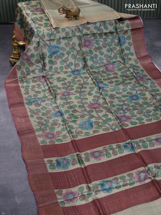 Pure tussar silk saree grey shade and maroon with allover kalamkari hand painted prints and zari woven border