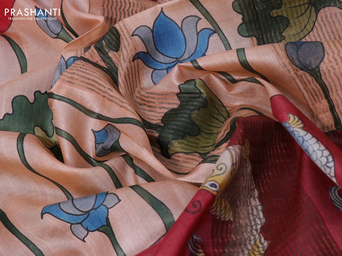 Pure tussar silk saree pastel peach and maroon blue with allover kalamkari hand painted prints and zari woven border