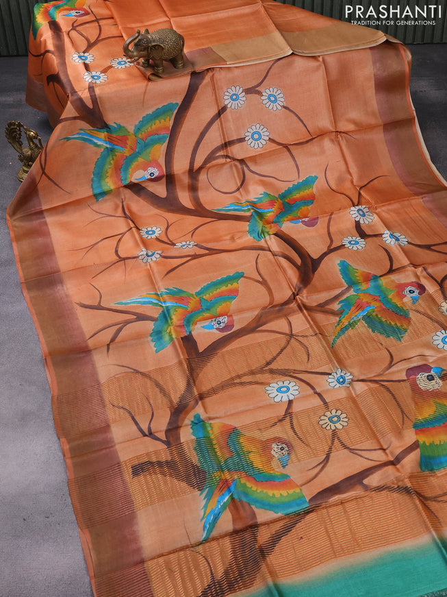 Pure tussar silk saree rustic orange with hand painted prints and zari woven border