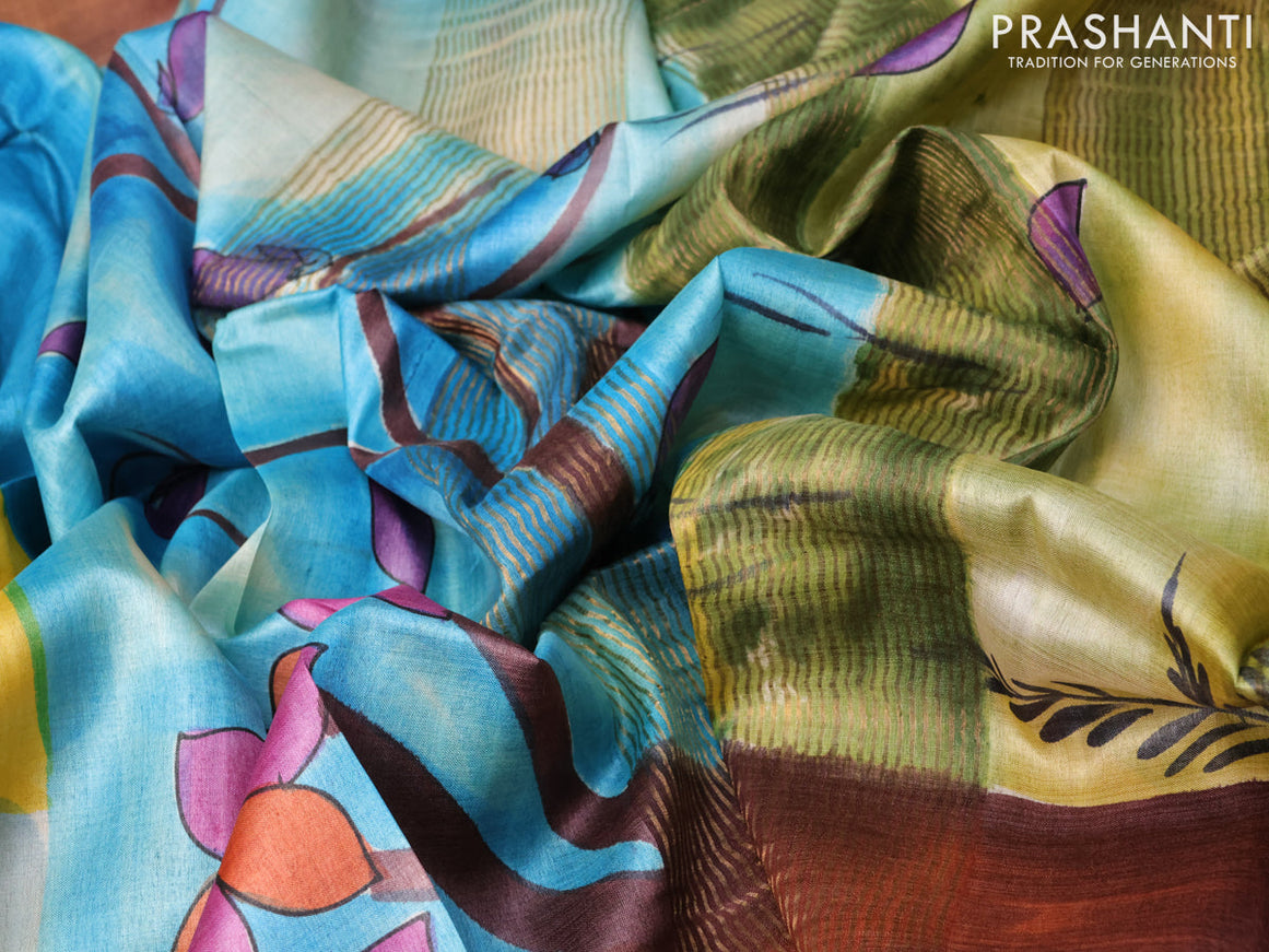 Pure tussar silk saree light blue and yellow maroon with hand painted prints and zari woven border