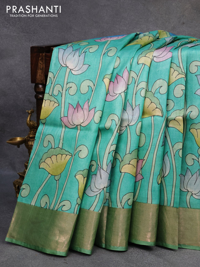 Pure tussar silk saree teal blue and blue with allover pichwai hand painted prints and zari woven border