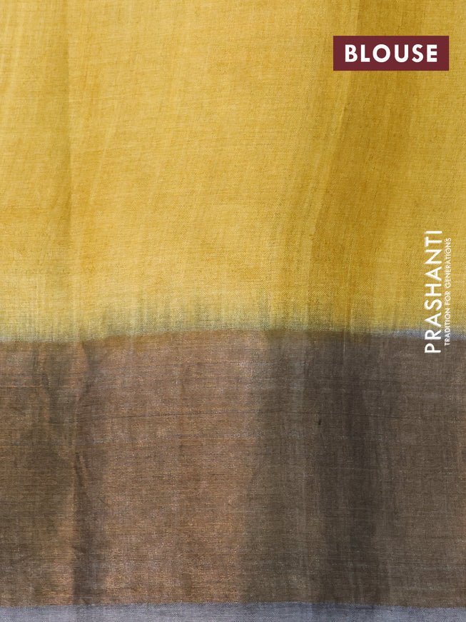 Pure tussar silk saree multi colour and mustard yellow with hand painted prints and zari woven border