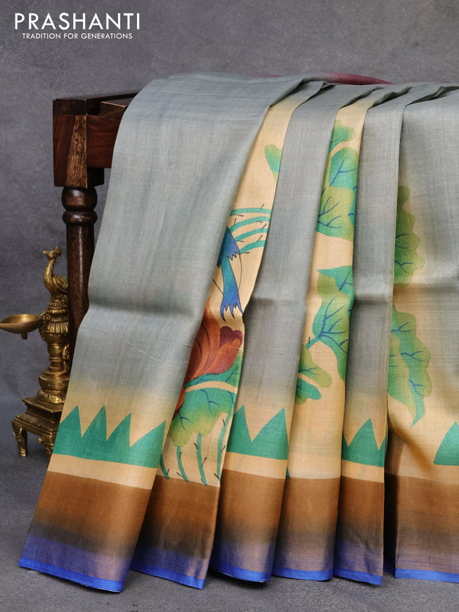 Pure tussar silk saree wine shade grey and blue with hand painted prints and zari woven border