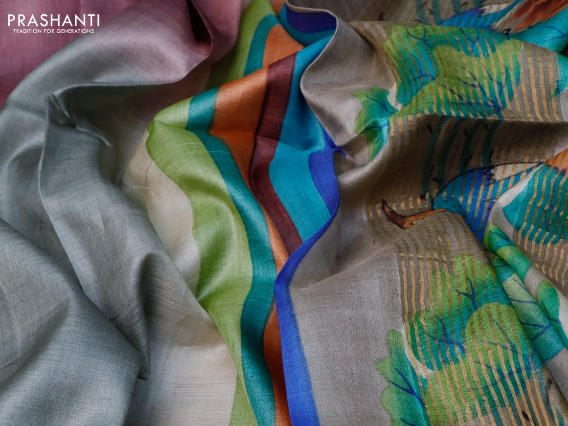 Pure tussar silk saree wine shade grey and blue with hand painted prints and zari woven border