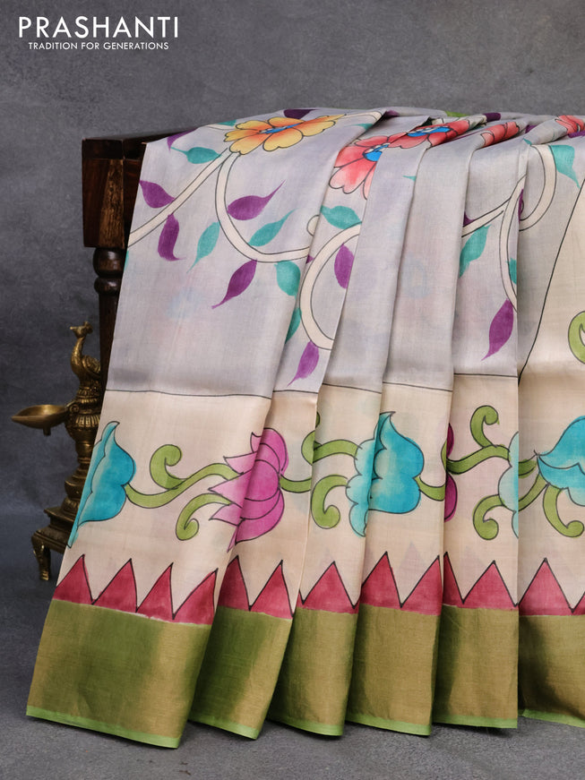 Pure tussar silk saree cream grey and green with kalamkari hand painted prints and zari woven border
