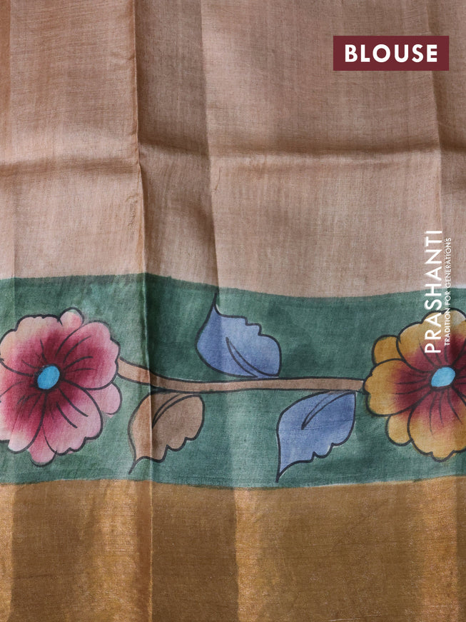 Pure tussar silk saree pastel green and pastel brown with allover floral kalamkari hand painted prints and zari woven border